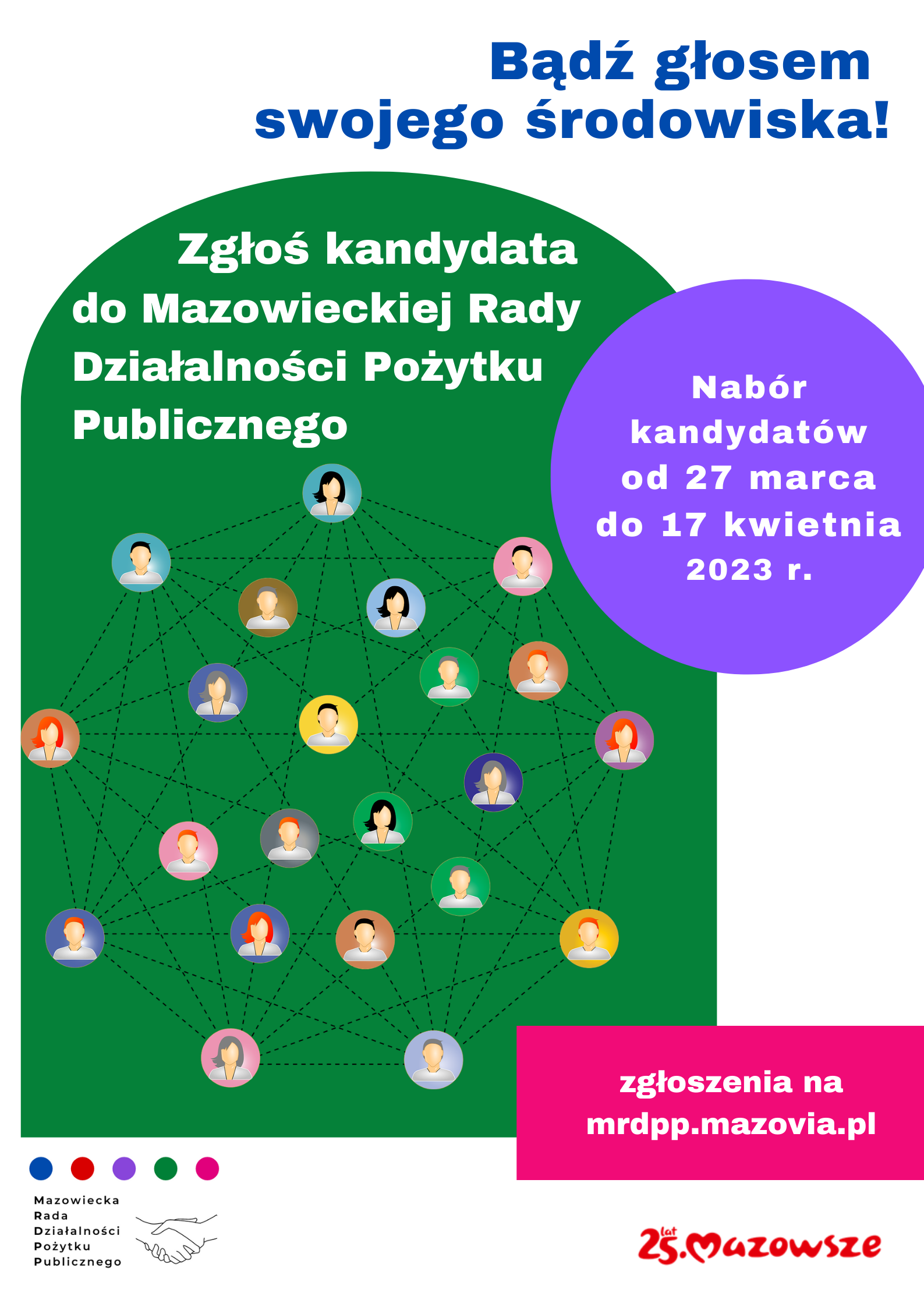 Na zdjęciu 2 pola - zielone i fioletowe. Na polu zielonym napis "Zgłoś kandydata do Mazowieckiej Rady Działalności Pożytku Publicznego"