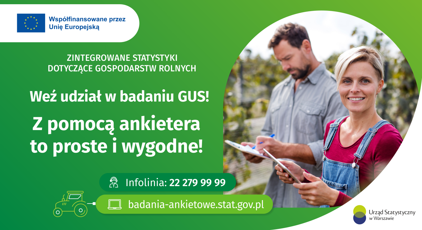 Plakat Głównego Urzędu Statystycznego zachęcający do wzięcia udziału w badaniach statystycznych dotyczących gospodarstw rolnych