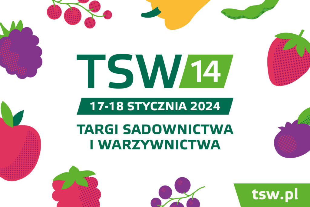 grafika przedstawia ramkę z owoców na środku napis TSW 17-18 stycznia TARGI SADOWNICTWA I WARZYWNICTWA