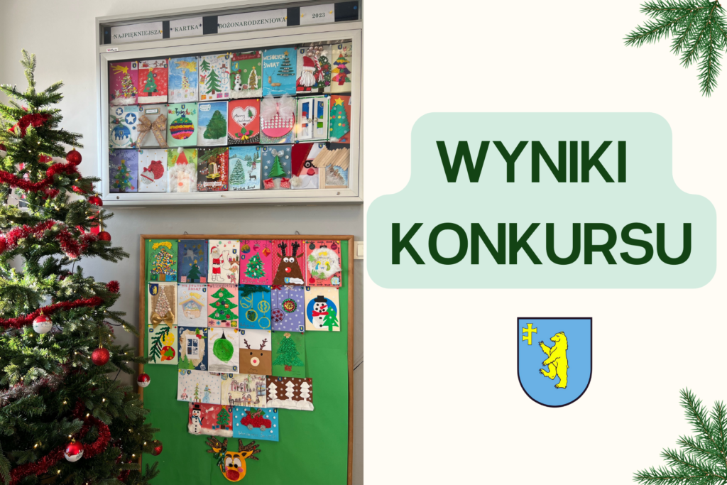 zdjęcie choinki oraz kartek świątecznych umieszczonych na tablicy informacyjnej urzędu, obok napis WYNIKI KONKUSRU i herb Gminy Wierzbno