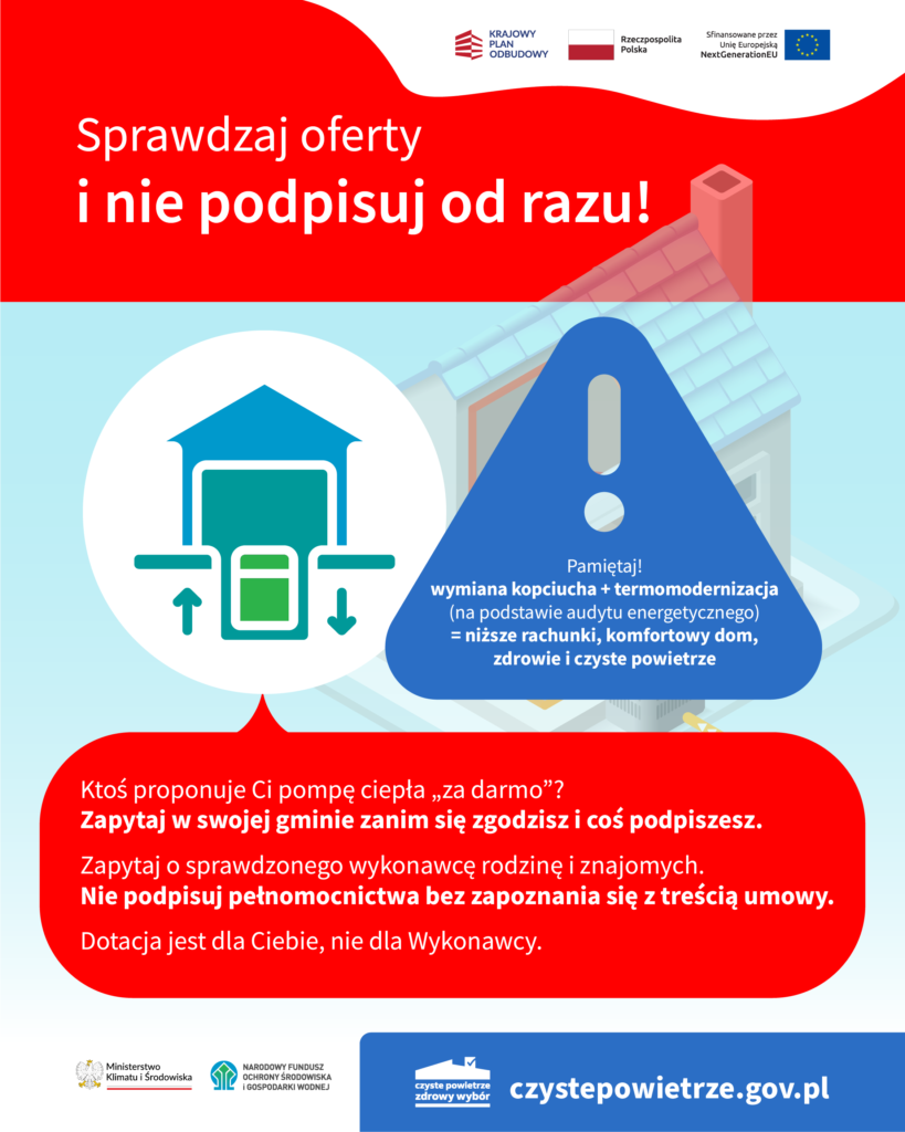 Na obrazku widocznym polski plakat informacyjny o czystym powietrzu, który radzi udostępnianie ofert i nie opisuje niczego na szybko. Plakat jest ozdobiony ikonami ilustrującymi ulepszenia energii elektrycznej w domu.