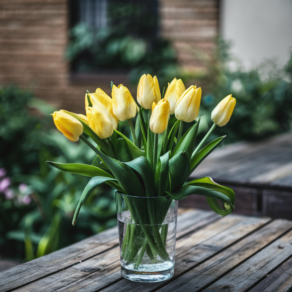 Na obrazku widzianą szklaną wazon pełny jaskrawożółtych tulipanów, który stoi na drewnianym stole. Urok opisujący naturalne światło wpadające z boku, które dodaje całościowe ciepło i triwymiarowość.