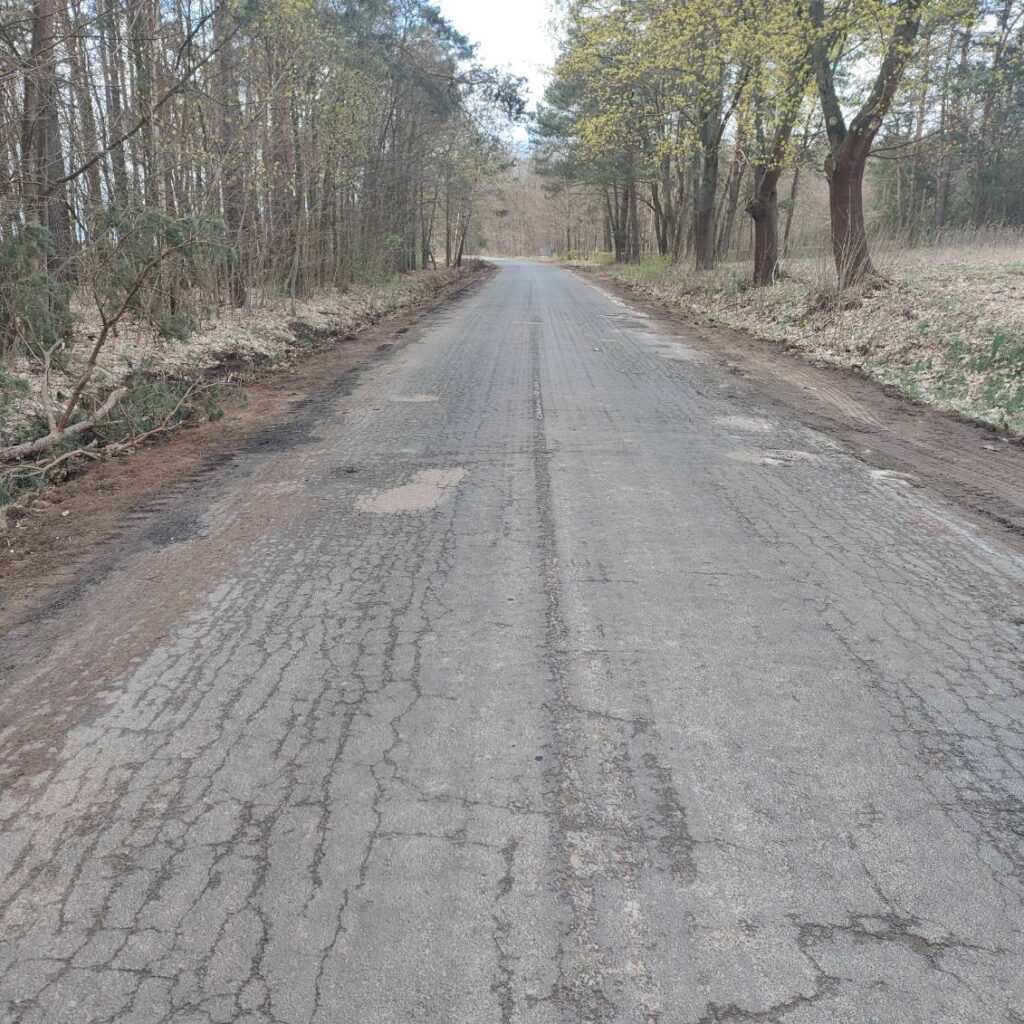 Na obrazku jest zużyta droga asfaltowa, która wije się przez leśny teren. Można umieścić na innych oznaki uszkodzeń oraz oznaki po oponach.