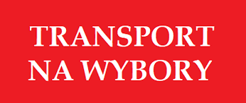 Na obrazku symbolu jest czerwone tło, które jest charakterystyczne dla białego napisu „TRANSPORT NA WYBORY”. Napis został napisany z zamkniętymi literami.