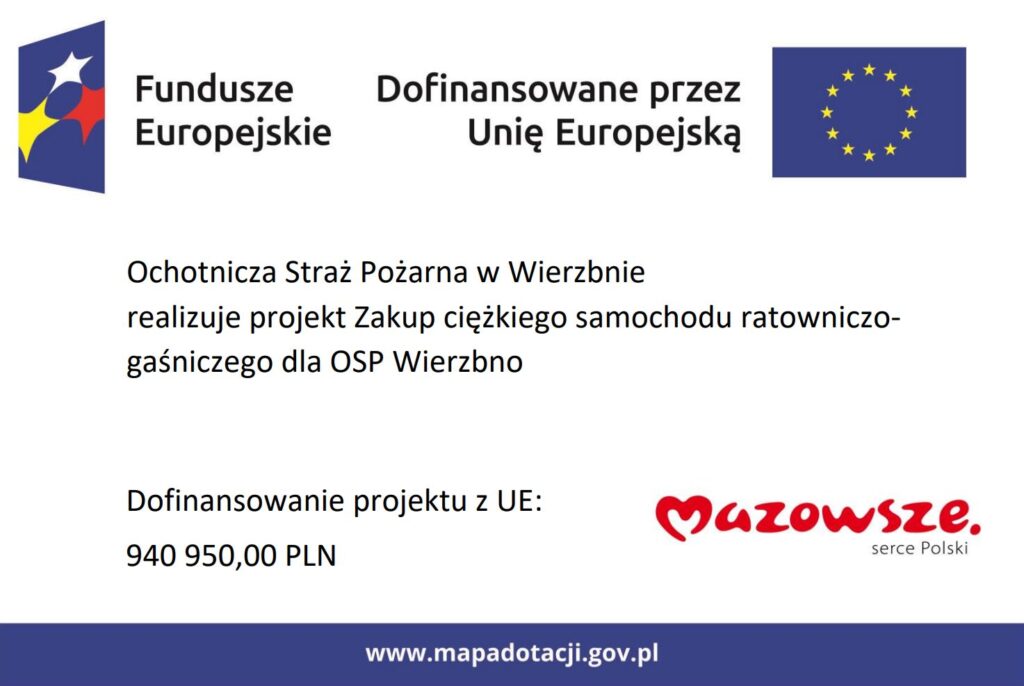 Plakat przedstawia informacje o współfinansowaniu udziału pojazduo-gaśniczego dla Ochotniczej Straży Pożarnej w Wierzbnie przez Unię, z funduszem objętym projektem 940 950 PLN. Widoczne są loga UE oraz szczegóły dotyczące wsparcia pomocniczego projektu.