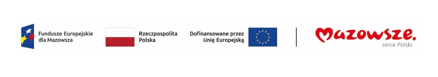 Logo Funduszy Europejskich i Mazowsza na białym tle. Flaga Polski i UE obok czerwonego napisu Mazowsze.