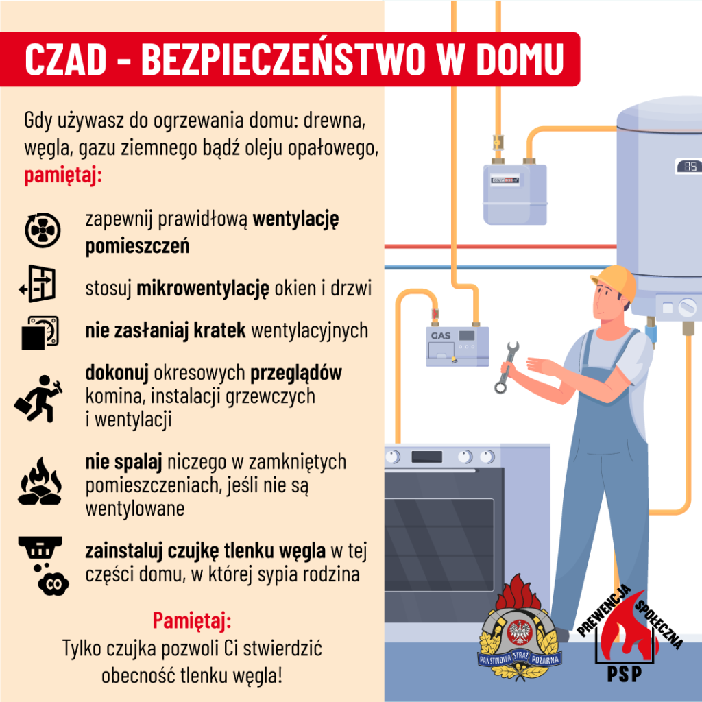 Infografika przedstawia porady dotyczące bezpieczeństwa głównego, informuje o wyłączeniu zapłonu zapłonu, z użyciem ikony w języku angielskim. Zawiera instrukcje dotyczące programów oraz detektorów dymu.