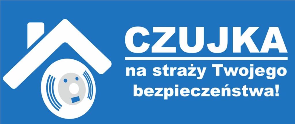 Na niebieskim banerze znajdują się ikona domu oraz czujnik dymu, co charakterystyczne dla zagadnień bezpieczeństwa podstawowego. Polski tekst "CZUJKA na straży bezpieczeństwa!" ponieś zagrożenie w ochronie użytkowników przed zagrożeniem z pożarem.