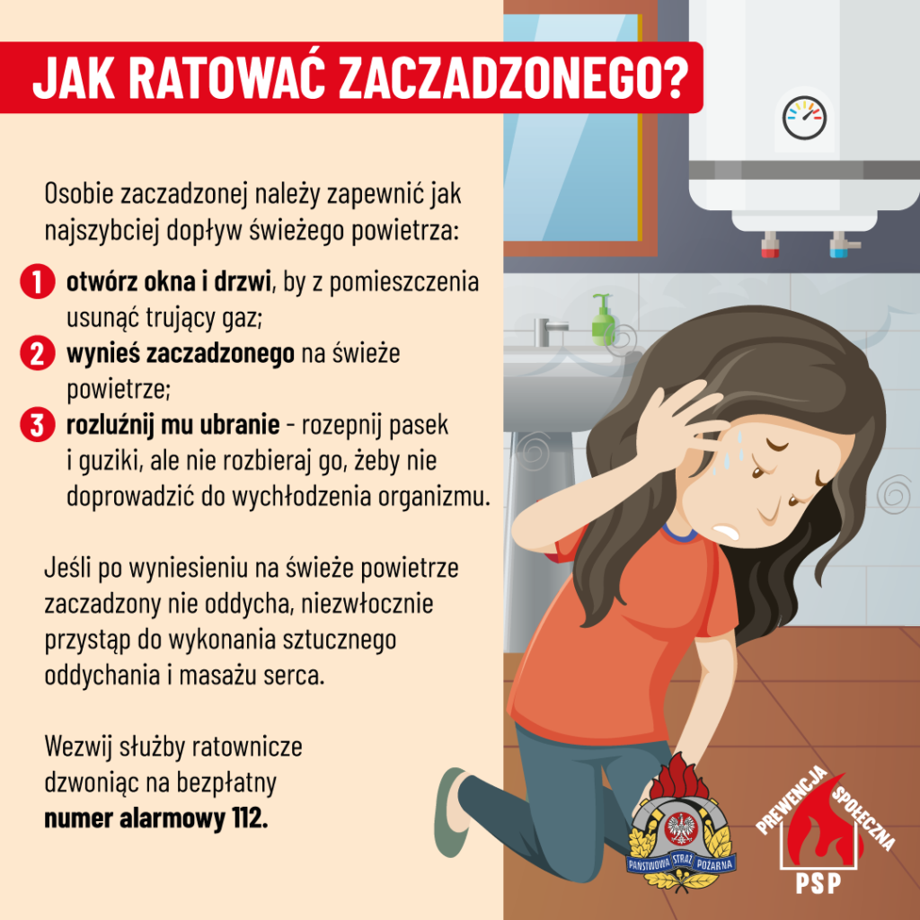 Ilustracja przedstawia kobietę zatykającą nos w pobliżu kotła gazowego, co stanowi zagrożenie dla zagrożenia z zagrożeniem dla oka. Tekst obok obrazu zawiera instrukcje dotyczące postępowania w przypadku skutków działania gazu – zalecenia dotyczące otwierania okien i drzwi, osoby na świeże powietrze, uwalnianie składników oraz wezwanie służb ratunkowych.