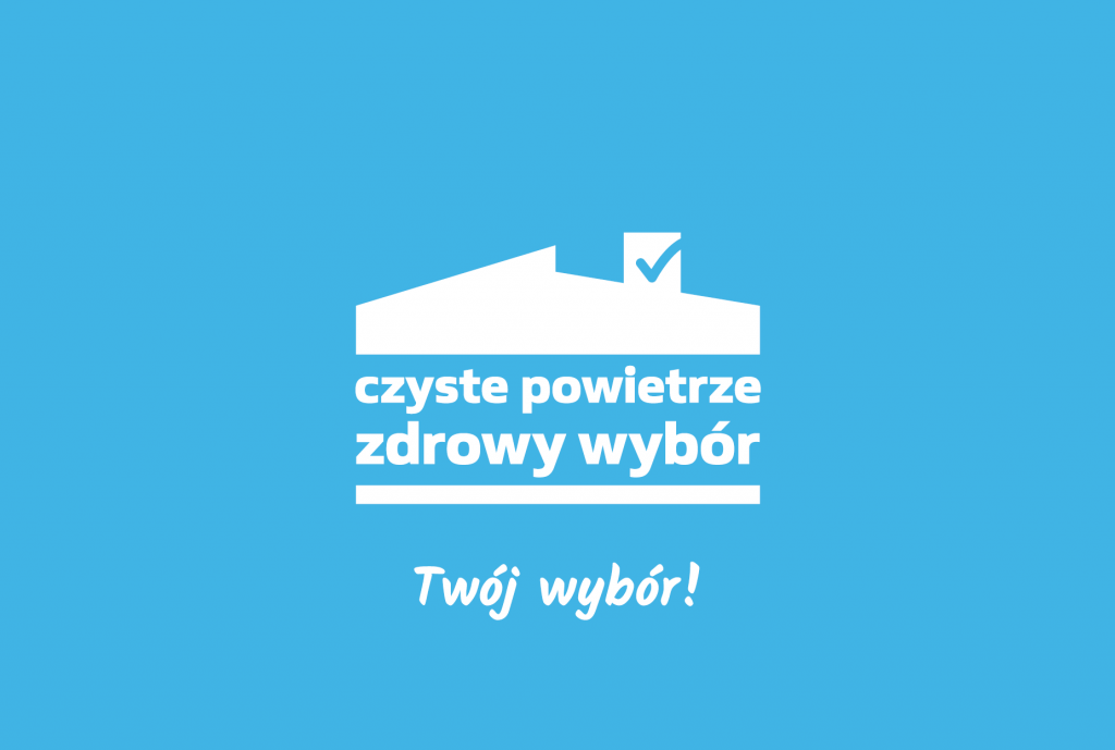 Obrazek przedstawia przezroczysty adres domu z zaznaczonym ptaszkiem na niebieskim tle, symbolizującym zatwierdzenie lub zgodność. Polskie napisy „czyste powietrze zdrowy wybór” oraz „Twój wybór!” wynika, że chodzi o promowanie ekologicznych i decyzji dotyczących środowiska.