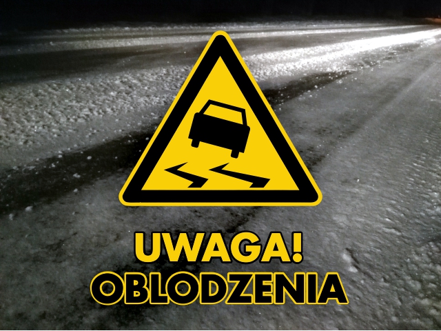 Pojawia się znak ostrzegawczy przy ośnieżonej drodze nocnej, informujący kierowców o niebezpieczeństwach śliskiej nawierzchni z powodu oblodzenia. Znak zawiera napis „Uwaga! Obłodzenie”, przedstawiający zachowanie podczas jazdy.