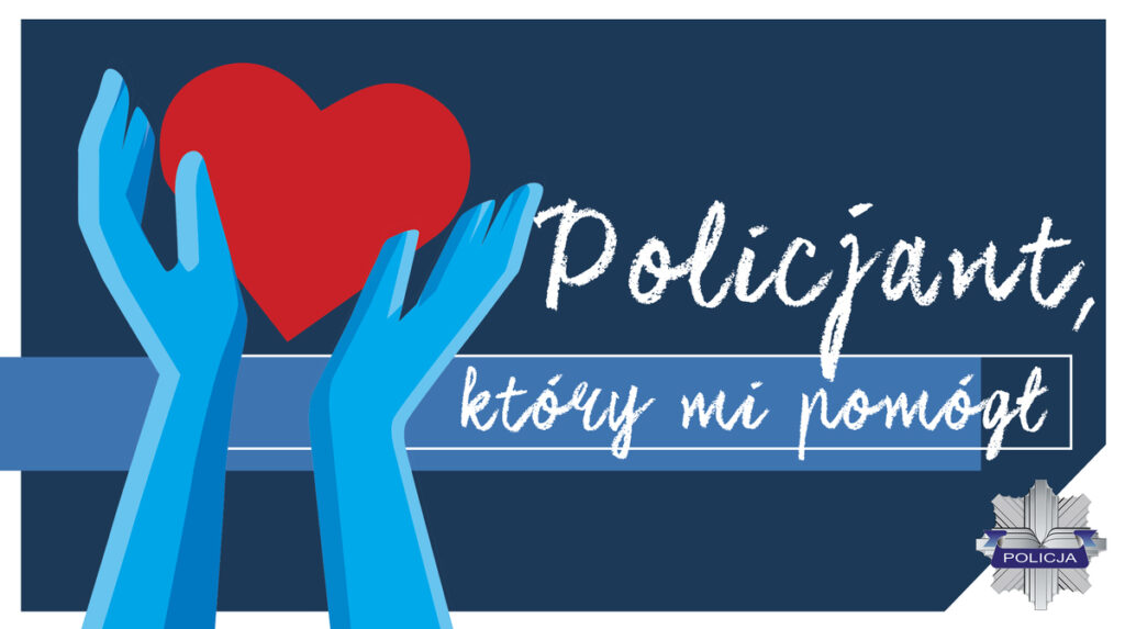 Ilustracja przedstawiająca symbole używanego do użycia przez serce, na opisie polskiego napisu „Policjant, który mi używa”. W tle znajduje się emblemat policyjny na ciemnoniebieskim tle, co symbolizuje wsparcie i pomoc oferowaną przez użytkownika.