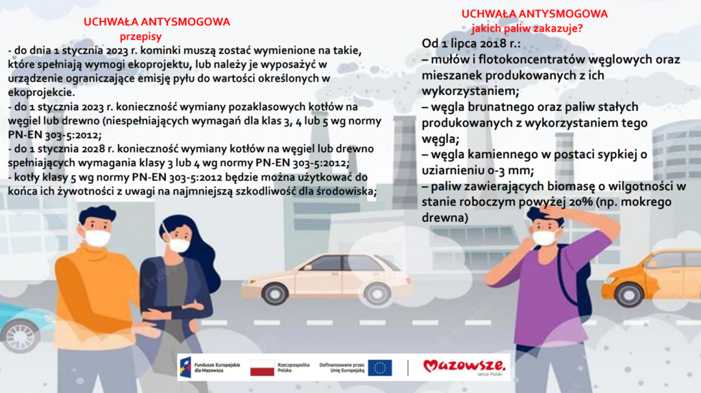 Plakat informuje o przepisach antysmogowych. Widoczne są ilustracje ludzi w maseczkach oraz fabryki w tle. Kolory są stonowane, tekst dominuje.
