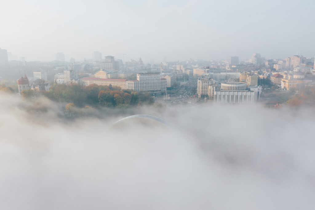 Na obrazie widać panoramę miasta przysłoniętą grubą warstwą mgły, przez którą tylko część wyłaniają się szczyty budynków. Mgła nadaje pejzażowi tajemniczości i tworzy spokojną, eteryczną atmosferę.