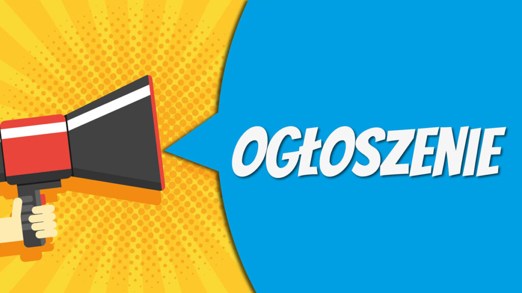 Ilustracja przedstawia ramię trzymające megafon na żółtym tle, z niebieską chmurką dialogową zawierającą polskie słowo „Ogłoszenie”, co oznacza „Ogłoszenie”. użytkowy komunikat lub ważne powiadomienie dla odbiorców.