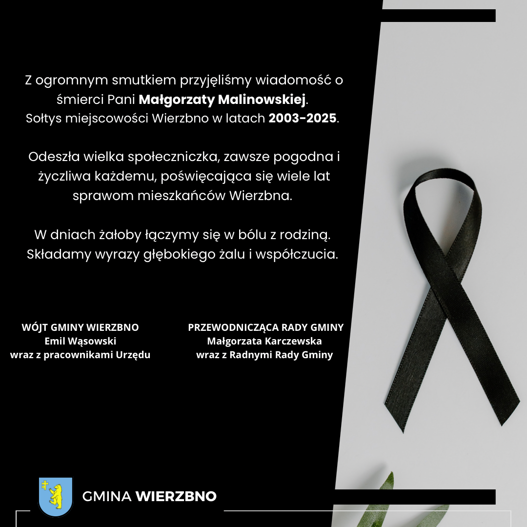 Na obrazku widać czarną wstążkę na białym tle, symbolizującą żałobę. Obok znajduje się tekst po polsku, który stanowi kondolencje z powodu śmierci Małgorzaty Malinowskiej, byłej bocznej urzędniczki pełniącej funkcję od 2003 do 2025 roku.