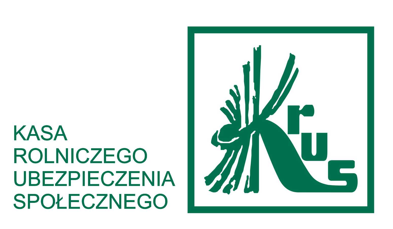 Logo KRUS w zielonym kolorze z napisem Kasa Rolniczego Ubezpieczenia Społecznego. Na białym tle postać zboża tworzy literę K.