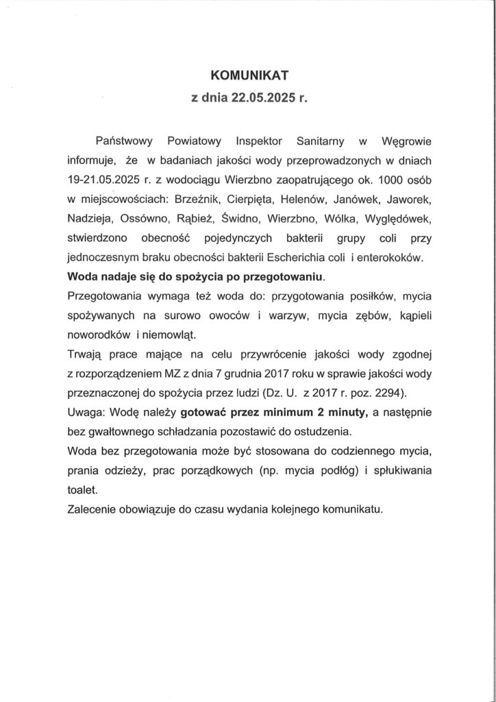 Komunikat z informacją o konieczności przegotowania wody. Czarny tekst na białym tle. Dotyczy miejscowości Wierzbno i okolic.