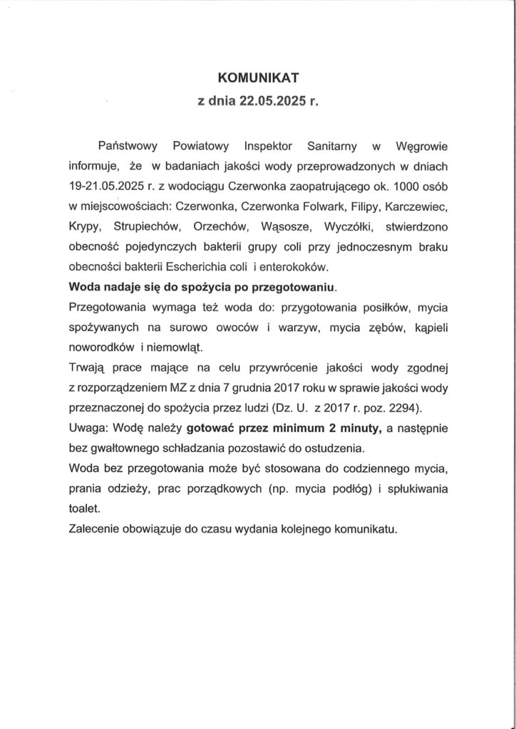 Komunikat z dnia 22.05.2025 r. informuje o zanieczyszczeniu wody bakteriami grupy coli. Woda jest bezpieczna po przegotowaniu. Tło białe, tekst czarny.