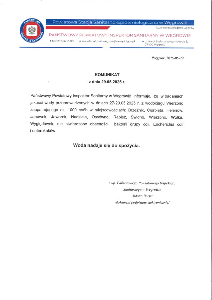Oficjalny komunikat sanepidu o jakości wody. Biały dokument z niebieskim nagłówkiem. Woda zdatna do picia.