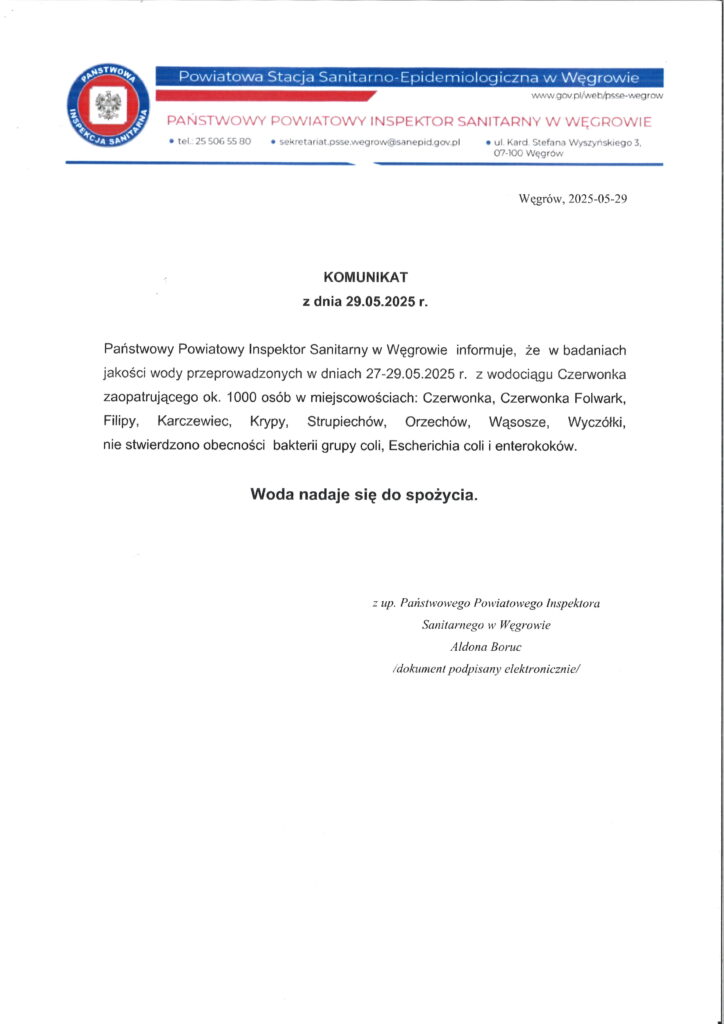 Dokument ogłasza wyniki badań wody, która jest zdatna do picia. Nagłówek ma kolor niebieski z czerwonym tekstem. Białe tło.