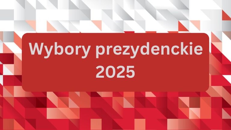 Grafika ma czerwono-biały geometryczny wzór. Na środku znajduje się czerwony prostokąt. Napis: Wybory prezydenckie 2025.