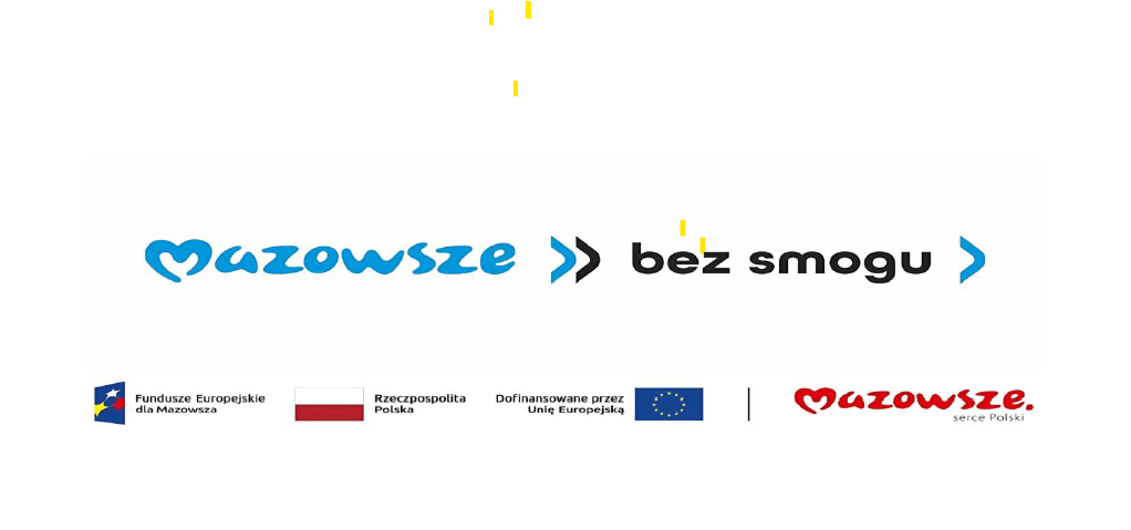 Grafika przedstawia napis Mazowsze bez smogu na białym tle. Logo jest niebiesko-czarne z symbolami strzałek. Na dole umieszczono cztery logotypy, w tym flagę Polski i UE.