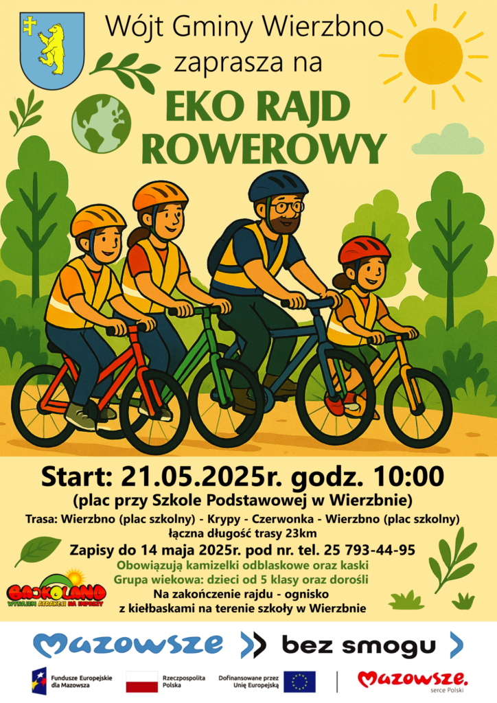 Plakat przedstawia rodzinę na rowerach w zielonym otoczeniu. Dominują żółte i zielone kolory, w tle drzewa i słońce. Informacja o Eko Rajdzie Rowerowym 21.05.2025r.