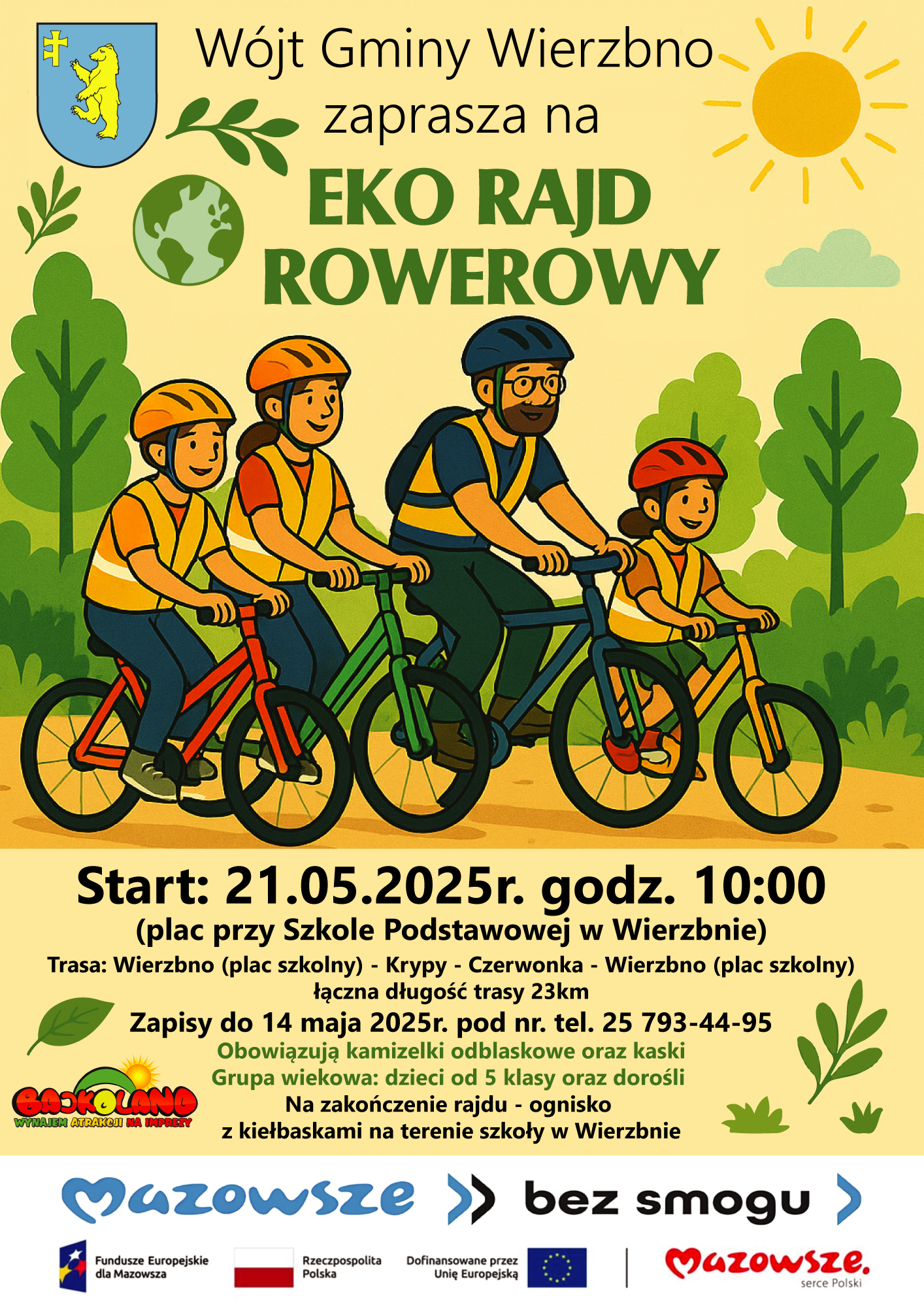 Plakat przedstawia rodzinę na rowerach w zielonym otoczeniu. Dominują żółte i zielone kolory, w tle drzewa i słońce. Informacja o Eko Rajdzie Rowerowym 21.05.2025r.