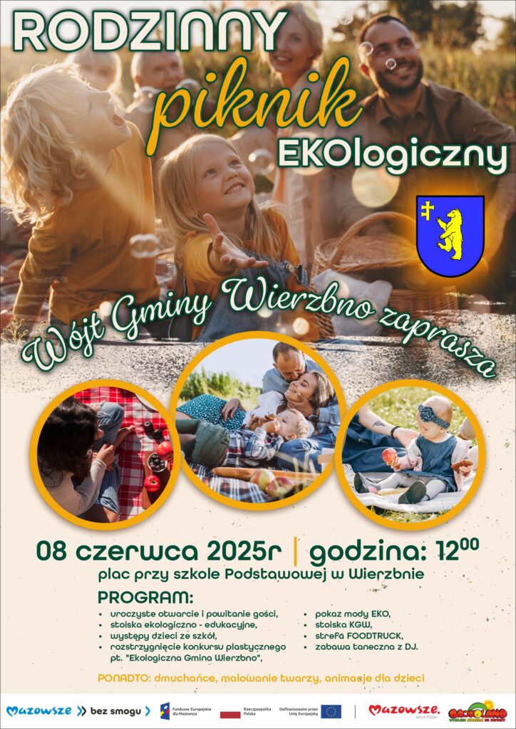 Plakat promuje rodzinny piknik ekologiczny z dziećmi bawiącymi się na trawie. Kolorystyka jest żywa, głównie zielono-żółta. Tło przedstawia uśmiechnięte rodziny i detale wydarzenia.