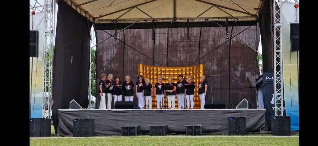 Grupa osób w czarnych koszulkach i białych spodniach stoi na zadaszonej scenie. Za nimi widoczna jest złota dekoracja. Tło sceny jest czarne, trawa na pierwszym planie.