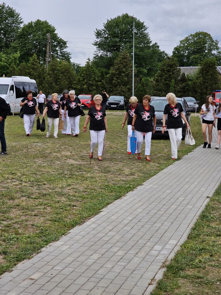 Grupa osób w czarnych koszulkach z kwiatem idzie chodnikiem. W tle drzewa i kilka samochodów na trawie. Dzień jest pochmurny.