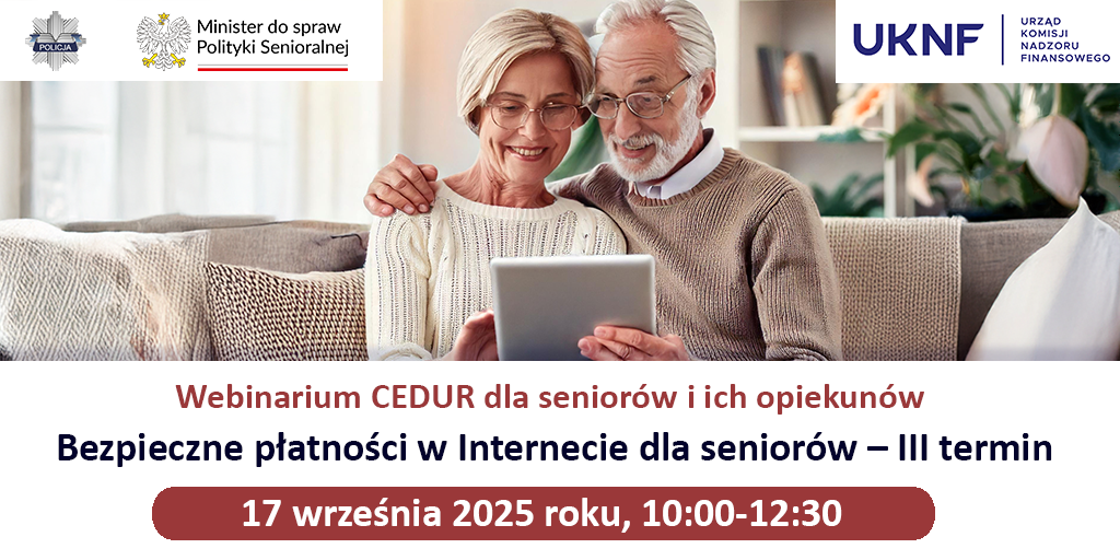 Para starszych ludzi siedzi na kanapie i patrzy na laptopa. Obraz ma jasne, ciepłe kolory. Na dole widnieje informacja o webinarium na temat bezpiecznych płatności online.