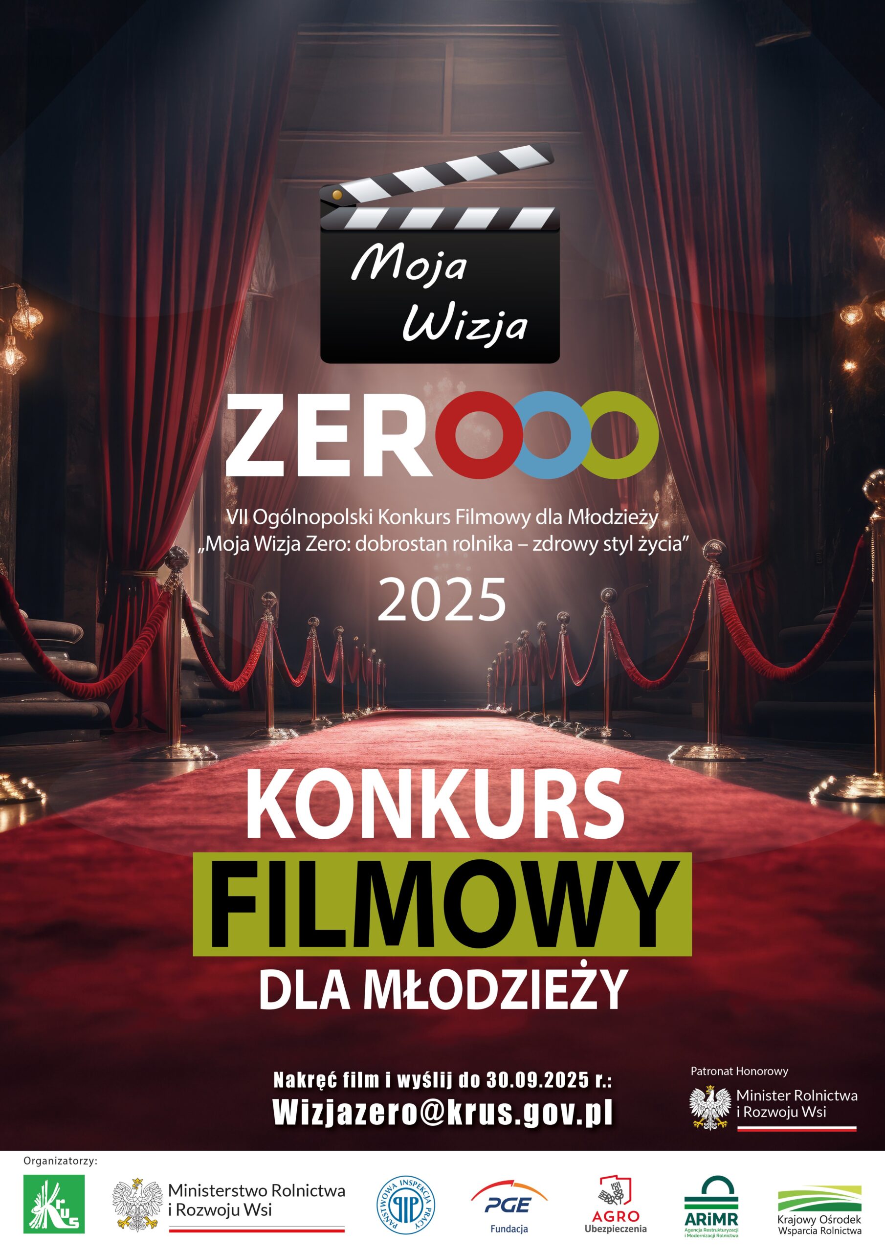 Plakat promuje konkurs filmowy dla młodzieży 2025, tło czerwony dywan i zasłony. Hasło Moja Wizja Zero.