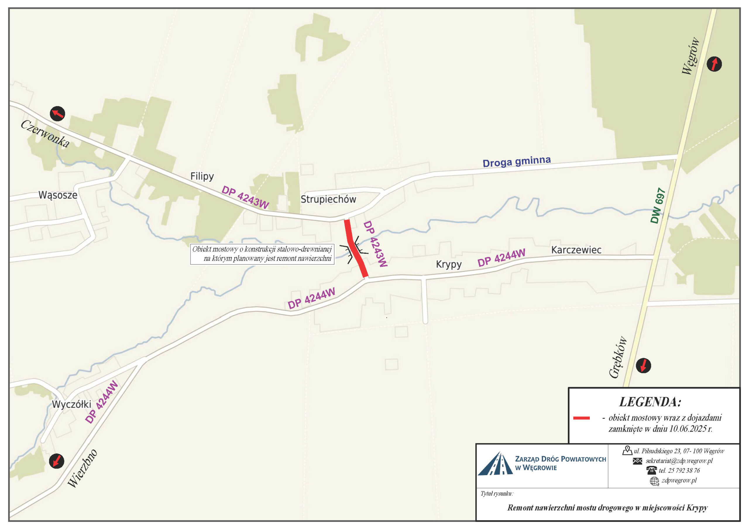 Mapa przedstawia planowany remont mostu w Krypach na tle wiejskiego obszaru. Obszar zamknięty oznaczono czerwonym kolorem. Widoczne są lokalne drogi, w tym DP 4243W i DP 4244W.