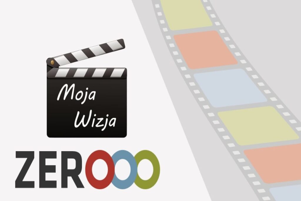 Czarna klapsa filmowa z napisem Moja Wizja. Kolorowa taśma filmowa na szarym tle. Napis ZEROOO z trójkolorowymi literami O.