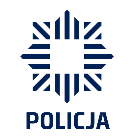 Logo polskiej policji w granatowym kolorze na białym tle. Centralny emblemat ma kształt gwiazdy. Pod nim napis „POLICJA”.