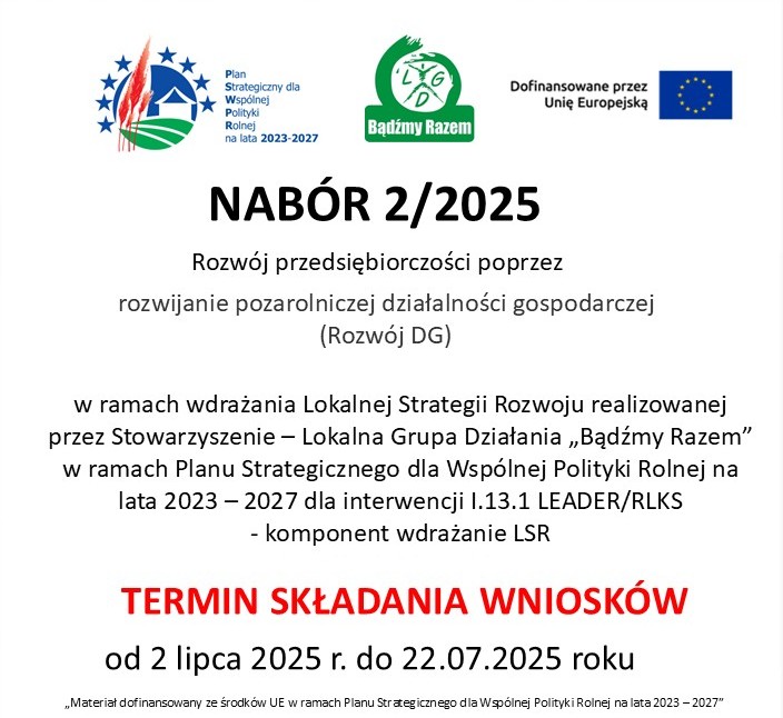 Ogłoszenie naboru 2/2025 na białym tle, z czarnym tekstem, czerwonym terminem i logotypami UE oraz programu rolniczego.