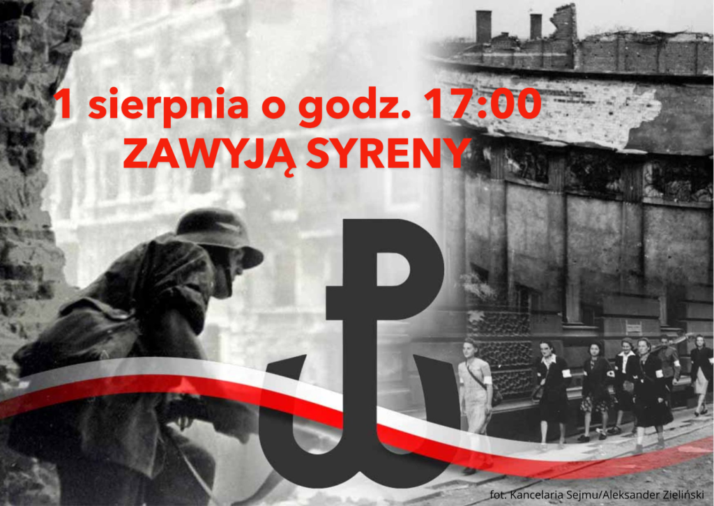 Plakat upamiętniający Powstanie Warszawskie. Widać symbol Polski Walczącej, żołnierza i ludzi na ulicy. Kolory: czerwony, czarny, biały.