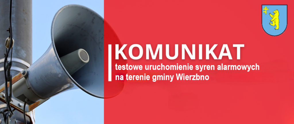 Srebrna syrena na tle błękitnego nieba. Czerwony pasek z napisem Komunikat po prawej. Herb Wierzbna w prawym górnym rogu.