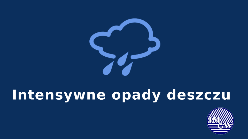 Ikona chmury z deszczem na granatowym tle. Napis Intensywne opady deszczu. W prawym dolnym rogu znajduje się logo.