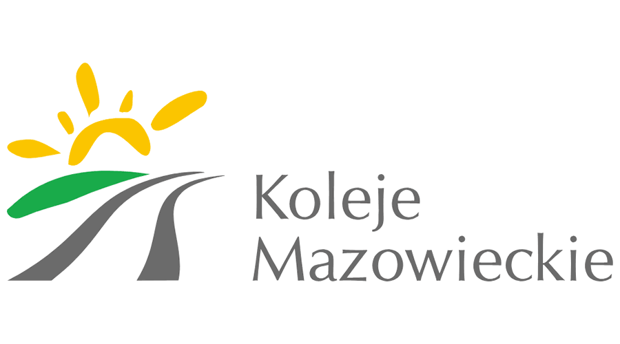 Logo Kolei Mazowieckich z żółtym słońcem, zielonym polem i szarą drogą. Tło jest białe. Obok znajduje się nazwa firmy.