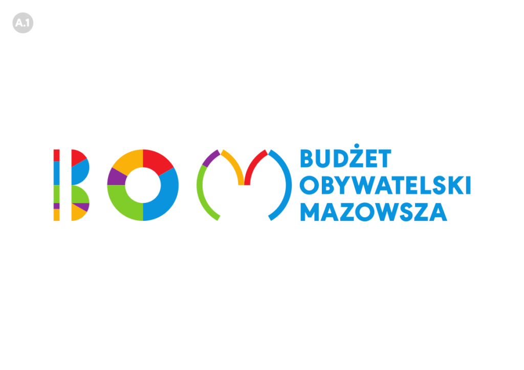 Kolorowe litery układające się w napis BOM na białym tle. Obok, niebieski tekst: Budżet Obywatelski Mazowsza. Tło jest jednolicie białe.