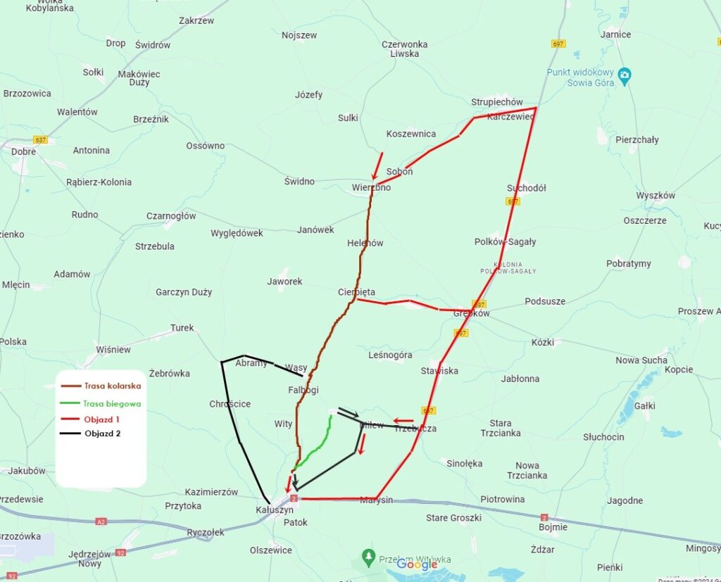 Mapa z trasami: kolarska (brązowa), biegowa (zielona). Dwa objazdy czerwone i czarne. Tło zielone z nazwami miejscowości.