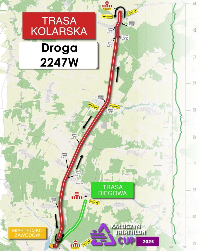 Mapa pokazuje trasę kolarską 2247W w kolorze czerwonym na zielonym tle. Na dole widoczna jest trasa biegowa oraz logo zawodów. Strzałki wskazują objazdy.