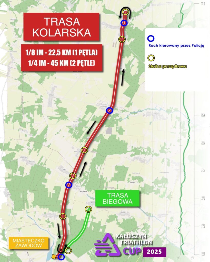 Mapa z trasą kolarską oznaczoną na czerwono na tle zielono-kremowej mapy topograficznej. Oznaczenia: niebieskie kółka to ruch kierowany, żółte to służby porządkowe. Miasteczko zawodów w lewym dolnym