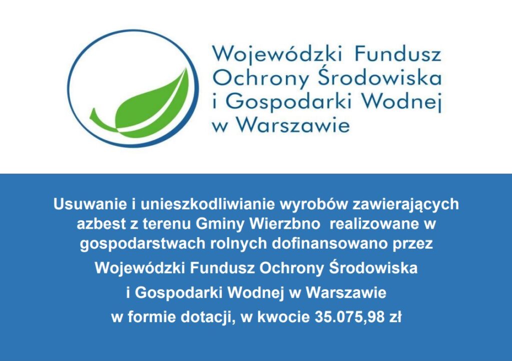 Logo z zielonym liściem na białym tle, tekst opisujący dofinansowanie. Kolory: biały, niebieski i zielony.