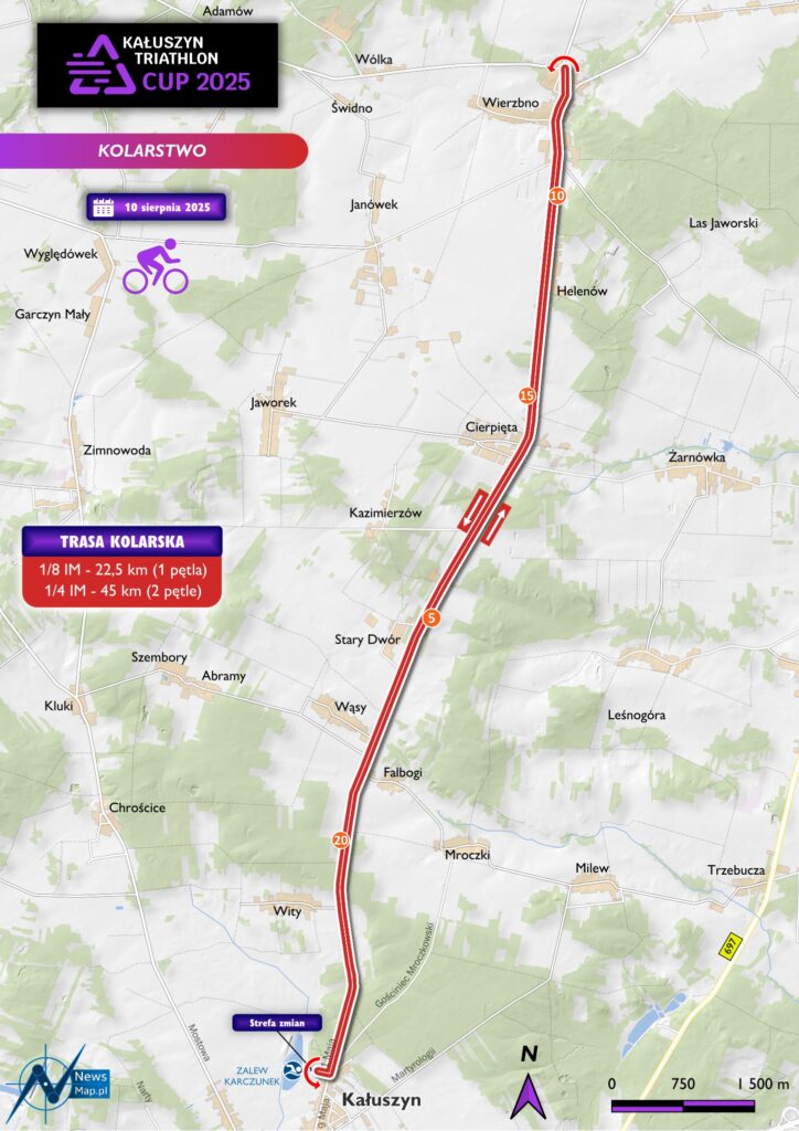 Mapa trasy kolarskiej Kałuszyn Triathlon 2025 z zaznaczoną czerwonym kolorem trasą. Widoczne punkty oznaczenia dystansów. Jasne tło z zielonymi terenami.