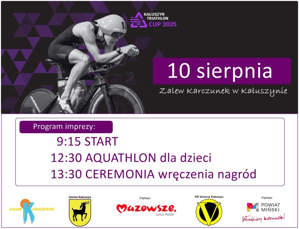 Plakat promuje triathlon 10 sierpnia z rowerzystą na czarno-fioletowym tle. Program zawiera godziny startu oraz ceremonii. Loga partnerów widoczne na dole.