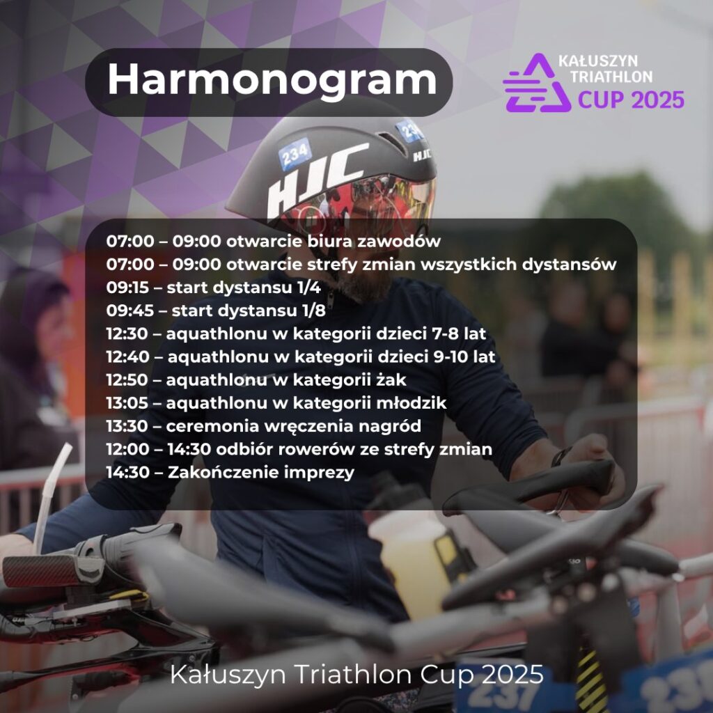 Harmonogram triathlonu na tle zdjęcia rowerzysty w kasku, z fioletowymi i czarnymi elementami graficznymi. Obok logo zawodów.